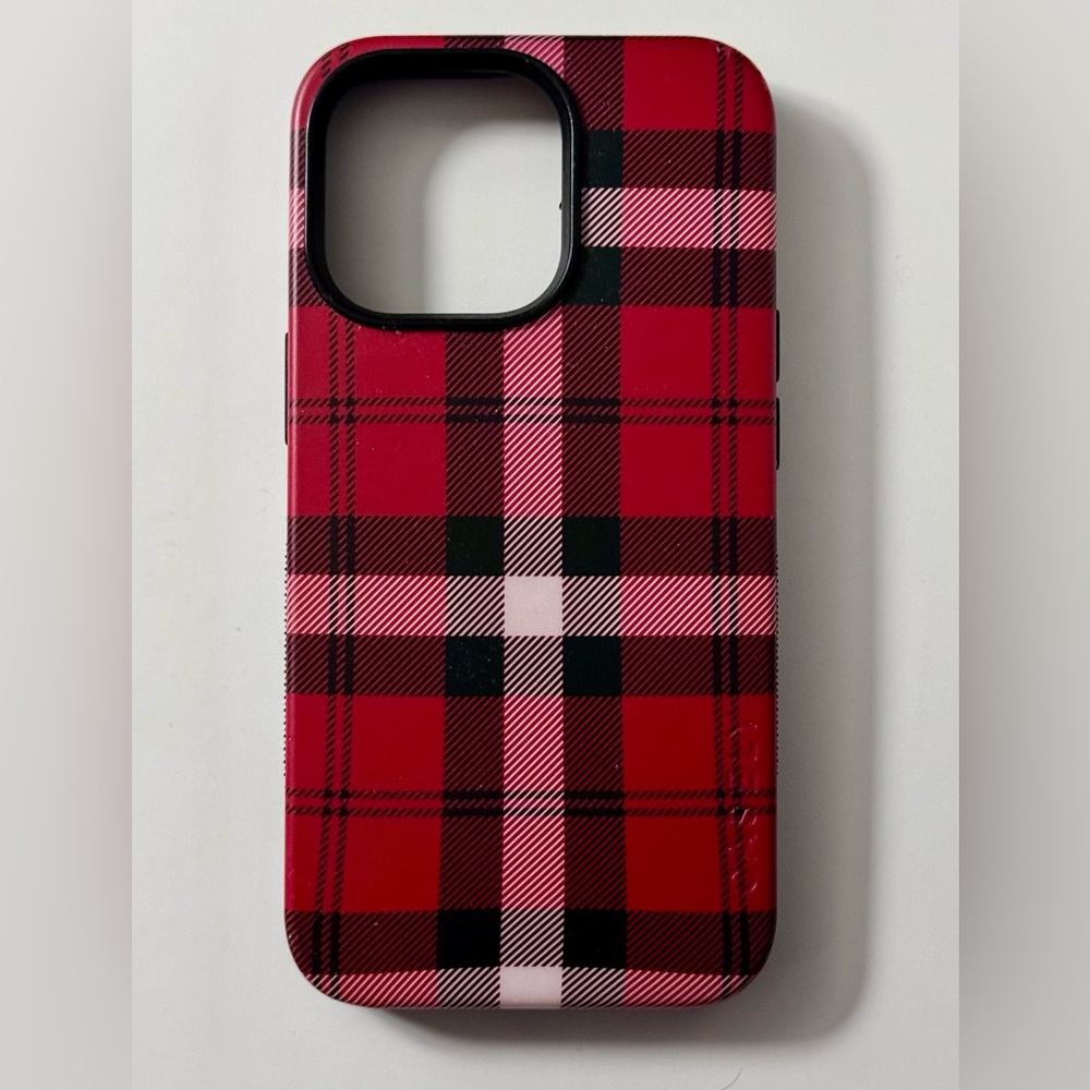Casely brand iPhone 13 Pro case, red black Christmas plaid, As if! style